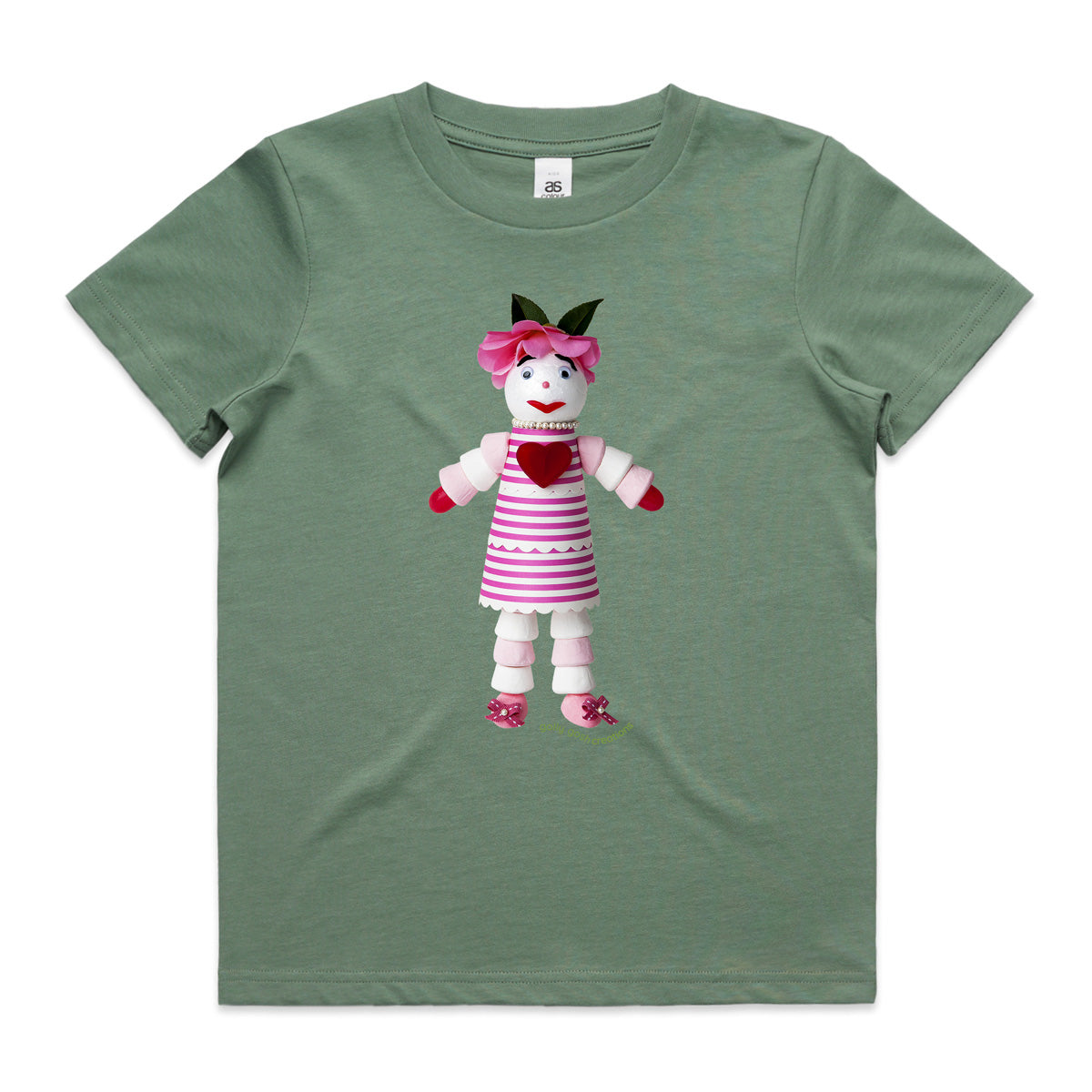 A marshmallow doll sage kids tee shirt from Golly Gosh Creations. Size 2 - 16 years. Created from sweet treats. A quality cotton garment.
