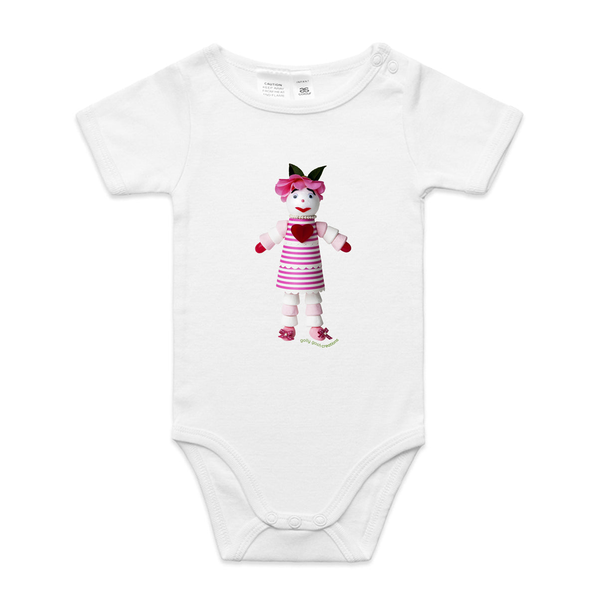 A sweet marshmallow doll babygrow from Golly Gosh Creations.  This white organic cotton garment comes in sizes 0 - 24 months.  Crafted from tasty treats.