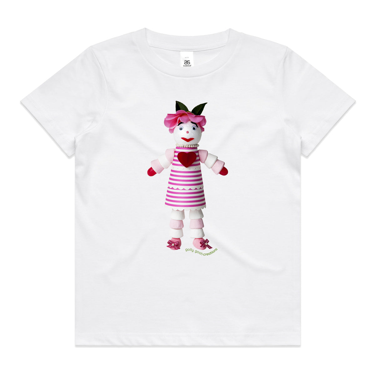 A marshmallow doll white kids tee shirt from Golly Gosh Creations. Size 2 - 16 years. Created from sweet treats. A quality cotton garment.