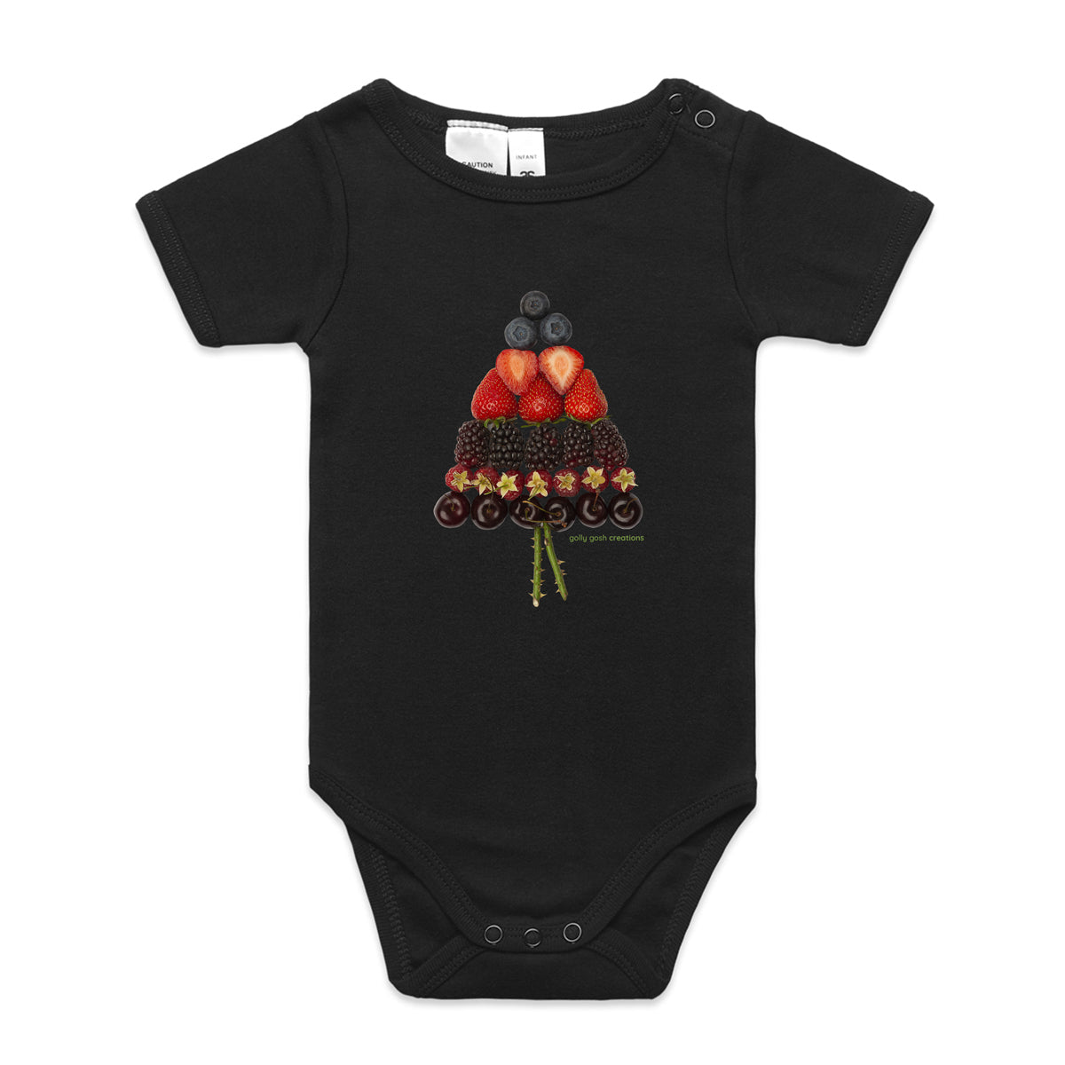 A cute mixed berry christmas tree babygrow from Golly Gosh Creations. A quality black cotton garment available from 0 - 24 months. Created from fresh berries.
