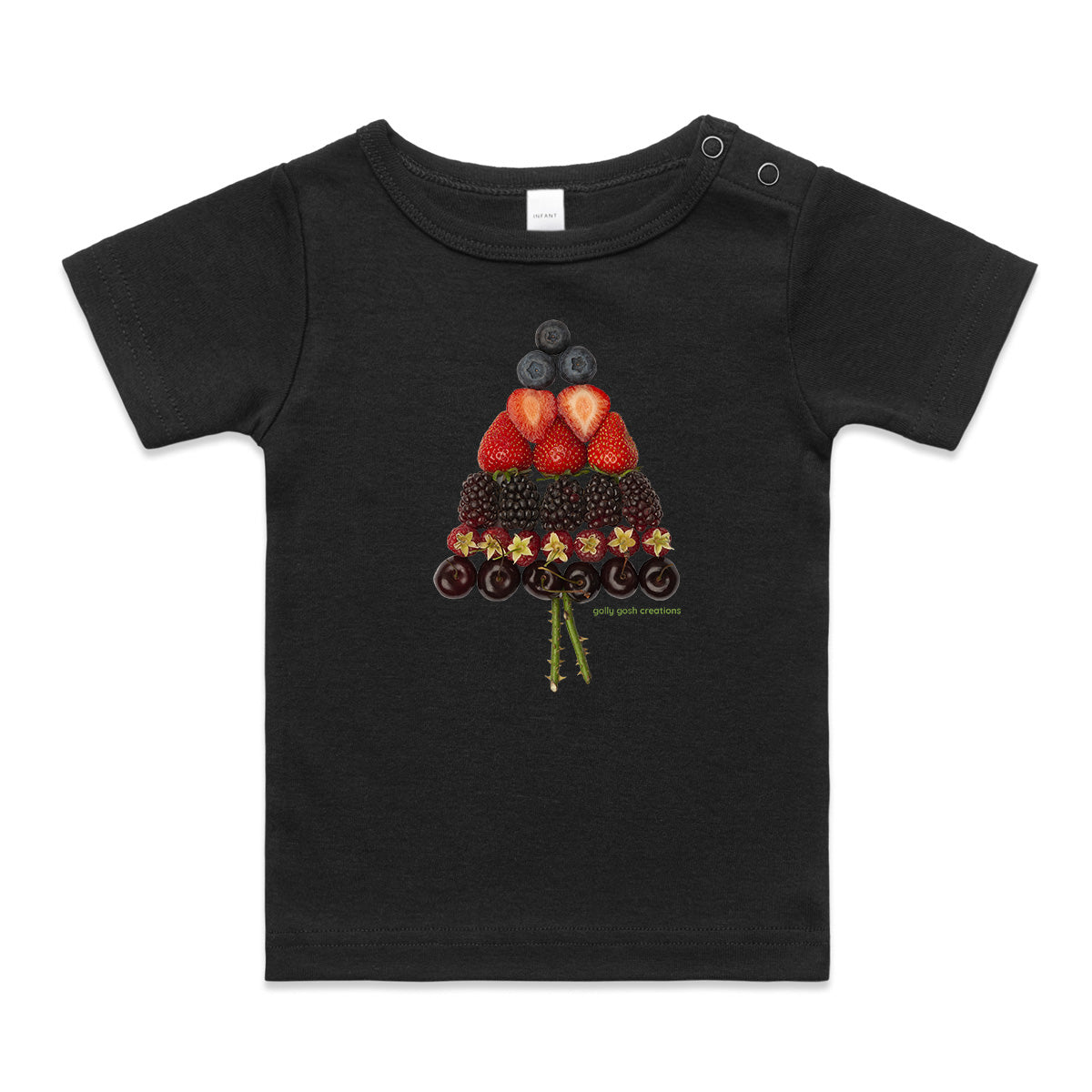 A mixed berry christmas tree wee tee from Golly Gosh Creations.  This organic cotton garment comes in sizes 0 - 24 months. Colour black. Crafted from fresh berries.