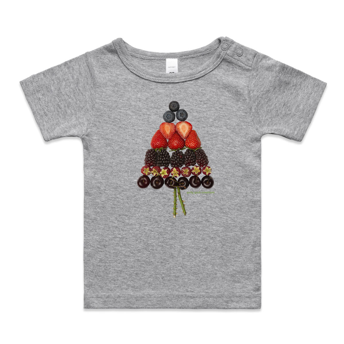 A mixed berry christmas tree wee tee from Golly Gosh Creations.  This organic cotton garment comes in sizes 0 - 24 months. Colour grey. Crafted from fresh berries.