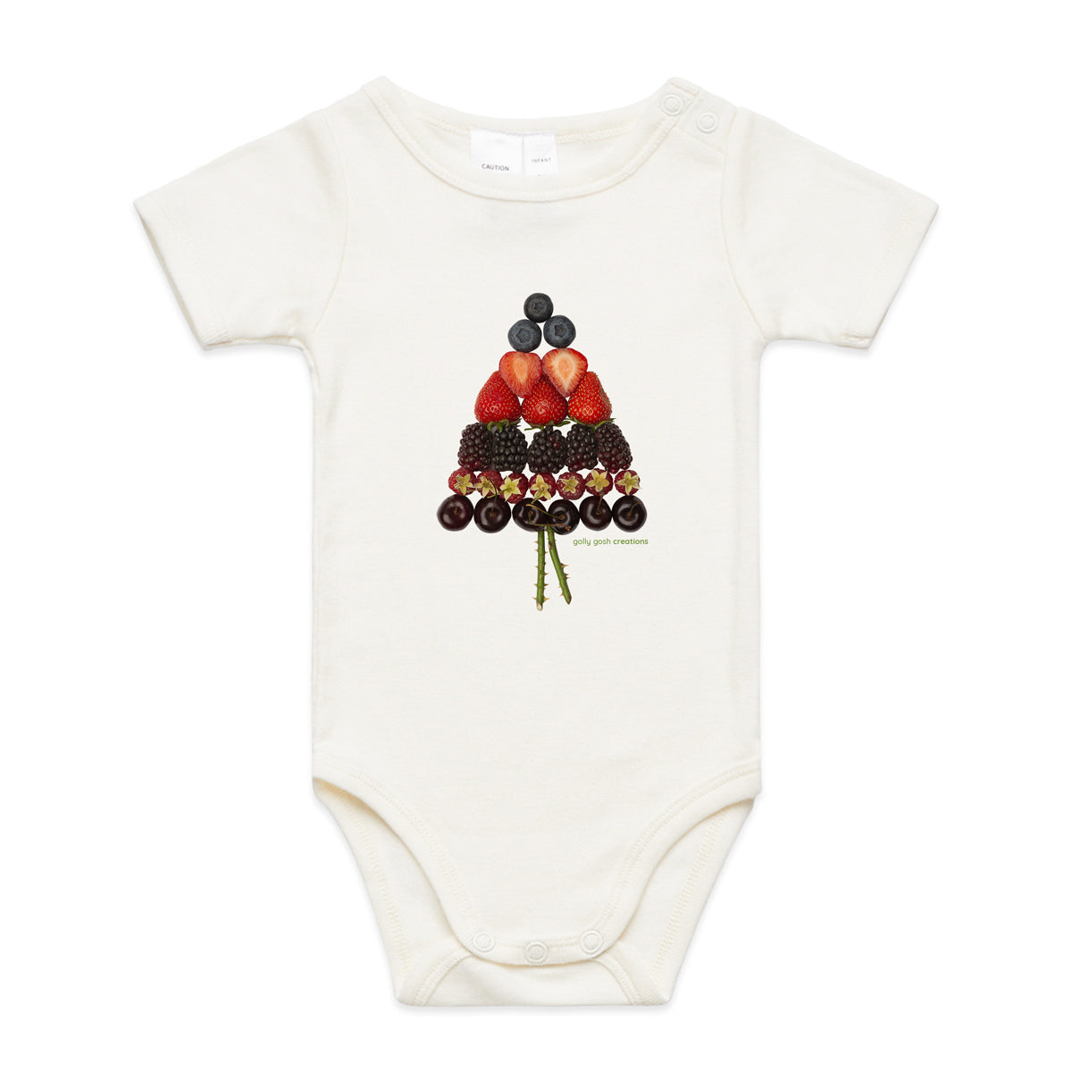 A cute mixed berry christmas tree babygrow from Golly Gosh Creations. A quality natural cotton garment available from 0 - 24 months. Created from fresh berries.