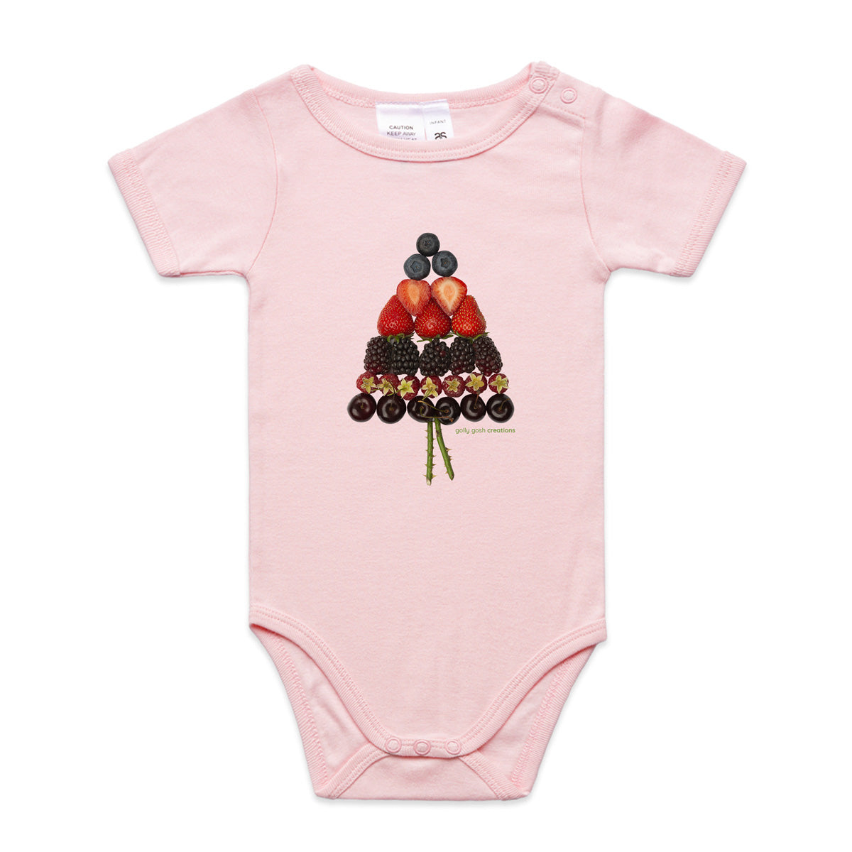 A cute mixed berry christmas tree babygrow from Golly Gosh Creations. A quality pink cotton garment available from 0 - 24 months. Created from fresh berries.