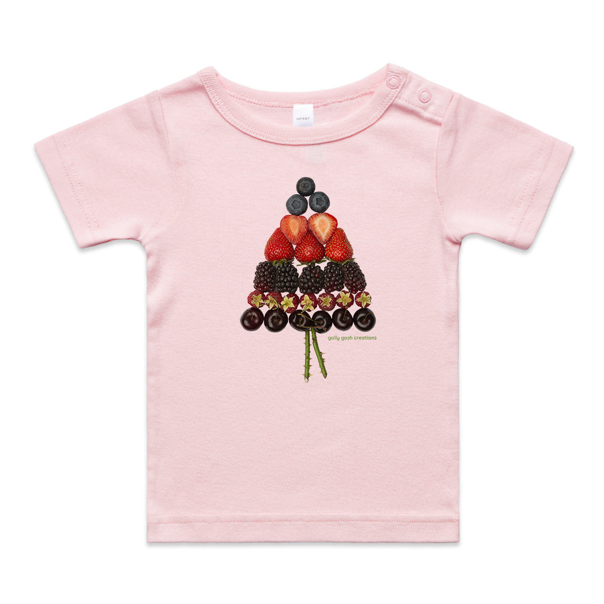 A mixed berry christmas tree wee tee from Golly Gosh Creations.  This organic cotton garment comes in sizes 0 - 24 months. Colour pink. Crafted from fresh berries.