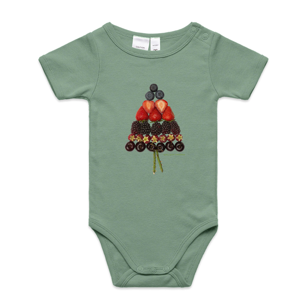 A cute mixed berry christmas tree babygrow from Golly Gosh Creations. A quality sage cotton garment available from 0 - 24 months. Created from fresh berries.