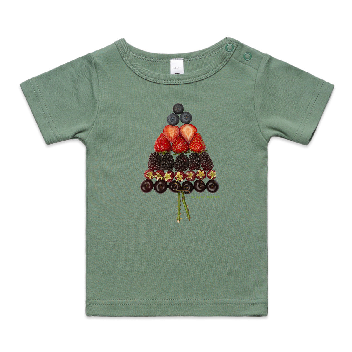 A mixed berry christmas tree wee tee from Golly Gosh Creations.  This organic cotton garment comes in sizes 0 - 24 months. Colour sage. Crafted from fresh berries.