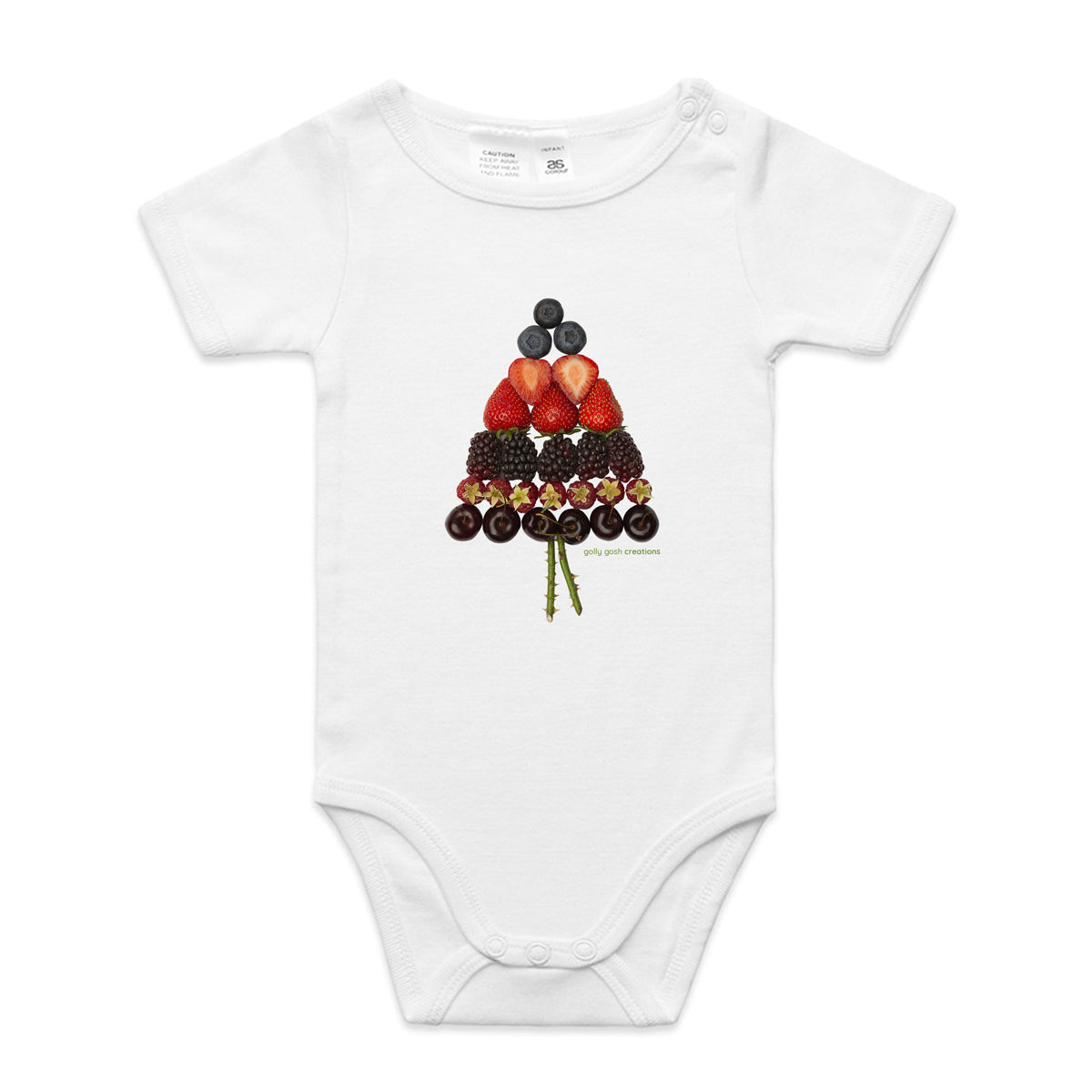 A cute mixed berry christmas tree babygrow from Golly Gosh Creations. A quality sblack cotton garment available from 0 - 24 months. Created from fresh berries.