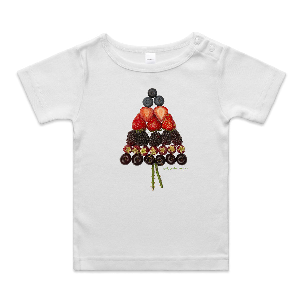 A mixed berry christmas tree wee tee from Golly Gosh Creations.  This organic cotton garment comes in sizes 0 - 24 months. Colour white. Crafted from fresh berries.