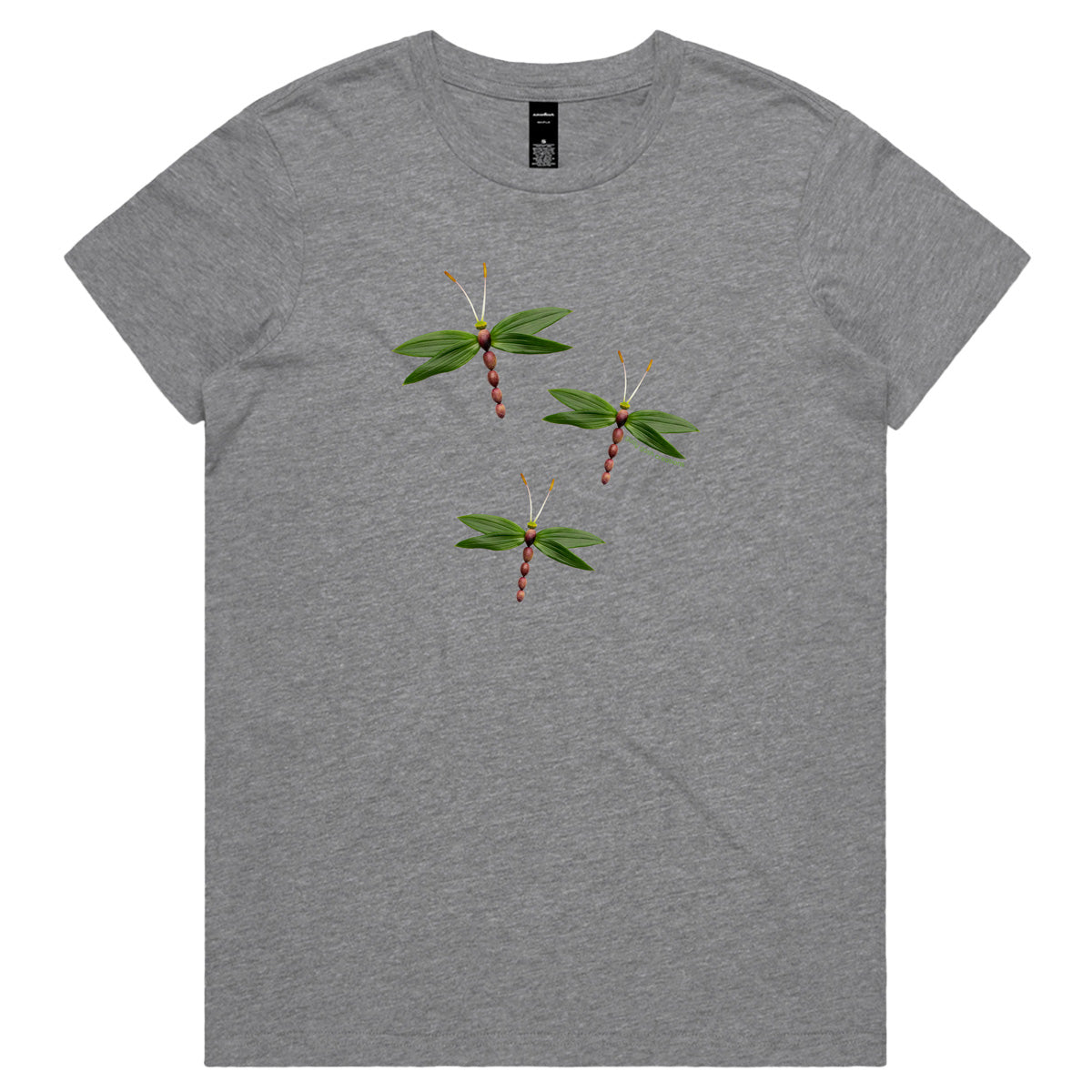 An olive dragonflies grey woman's tee shirt from Golly Gosh Creations. Crafted from fresh olives and luscious leaves. Sizes XS - 2XL. Quality cotton.