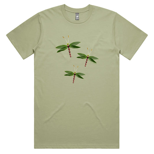 An olive dragonflies men's tee shirt from Golly Gosh Creations. Crafted from fresh olives and leaves. Sizes S - 5XL. A quality cotton pistachio coloured tee shirt.