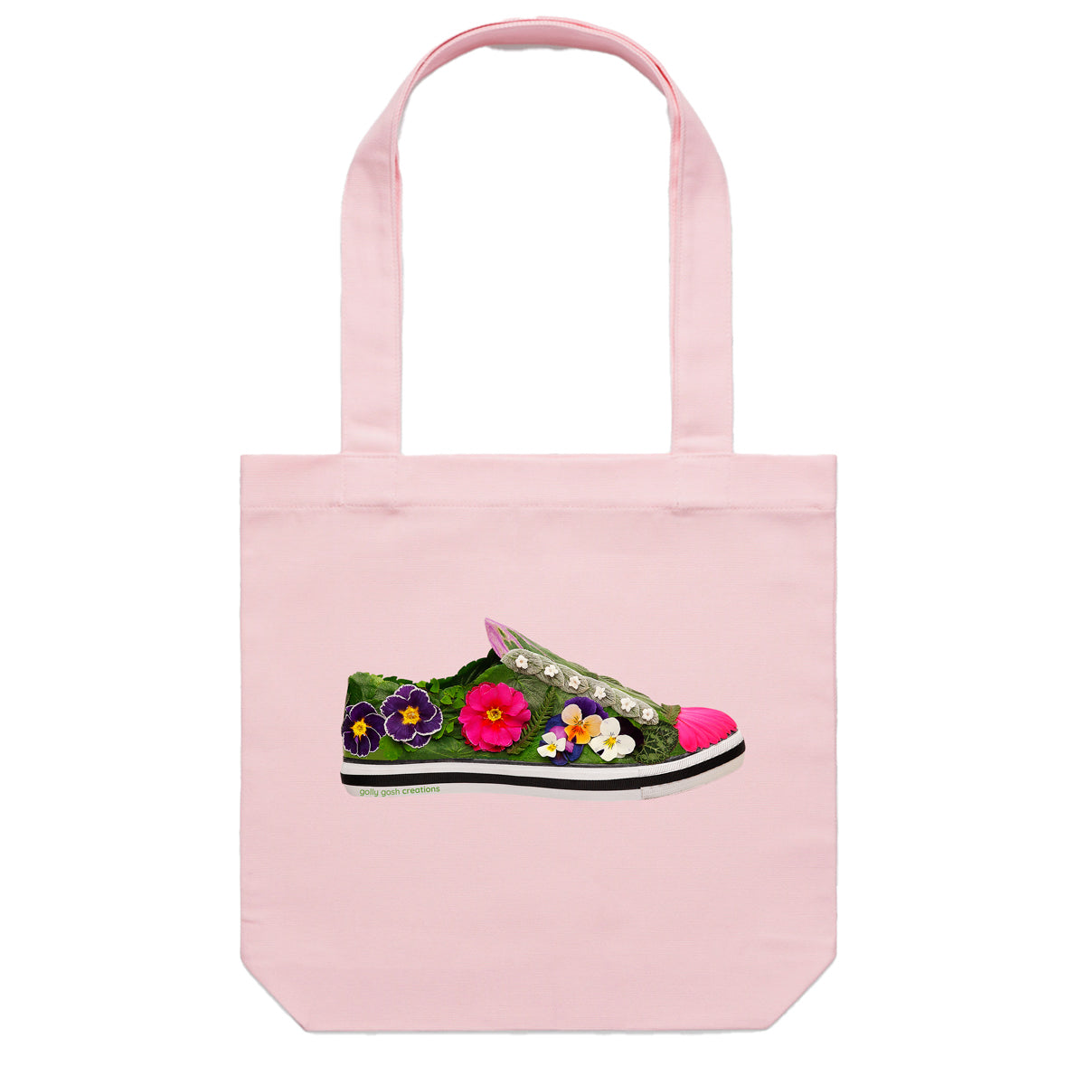 This pansy shoe cotton canvas tote bag from Golly Gosh Creations, is created with colourful dainty pansies, and various green leaves. Colour pink.