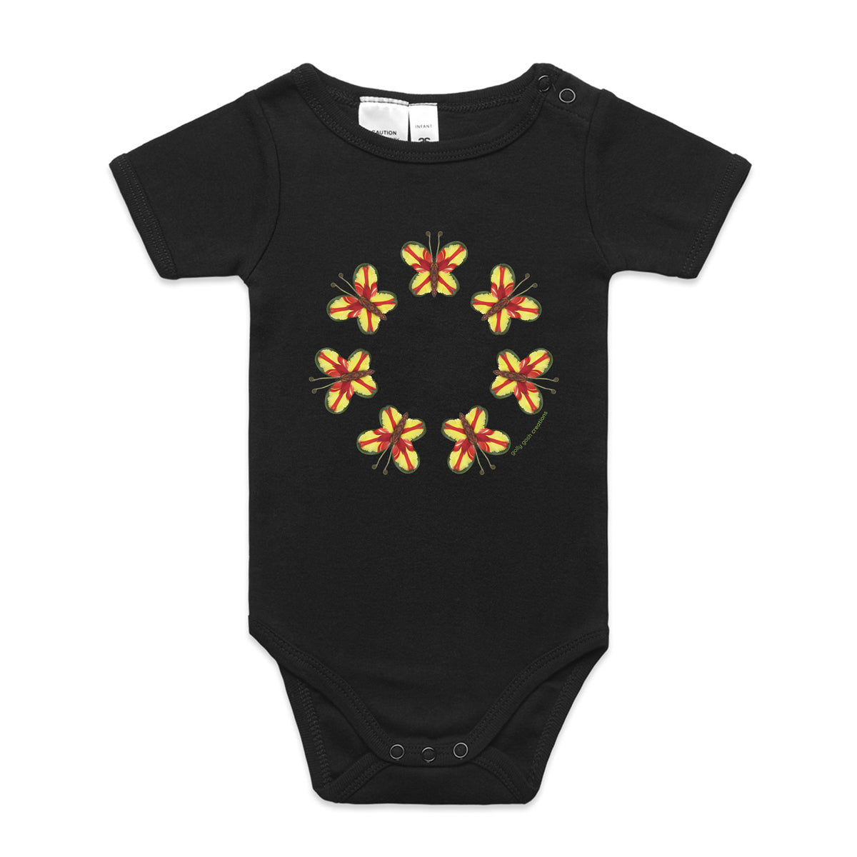 A cute pretty parrot butterlies babygrow by Golly Gosh Creations. A quality black cotton garment available from 0 - 24 months. Created from colourful leaves.