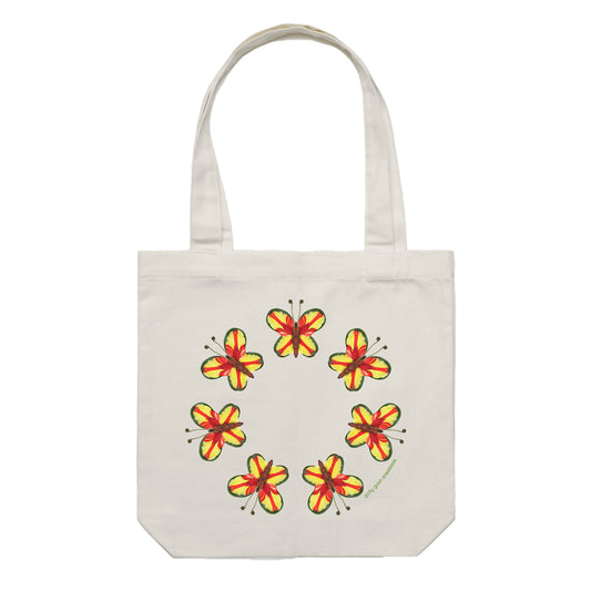 A pretty parrot butterflies cotton canvas tote bag from Golly Gosh Creations. Crafted from colourful leaves. Colour cream.