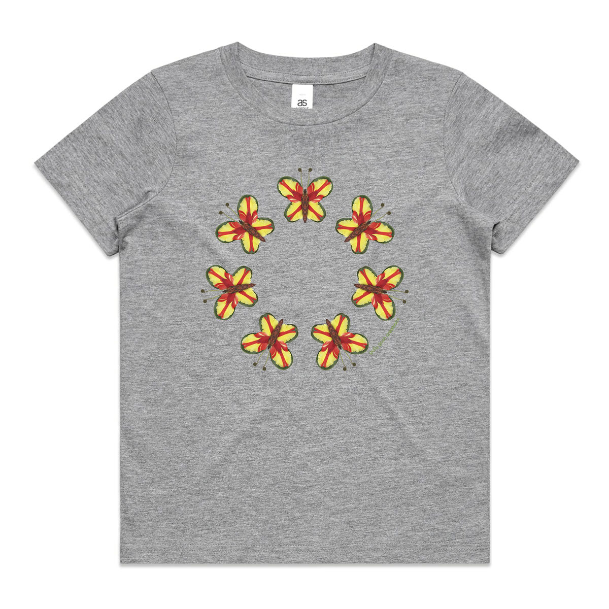 A parrot butterflies grey kids tee shirt from Golly Gosh Creations. Size 2 - 16 years. Created from vibrant fresh leaves. A quality cotton garment.