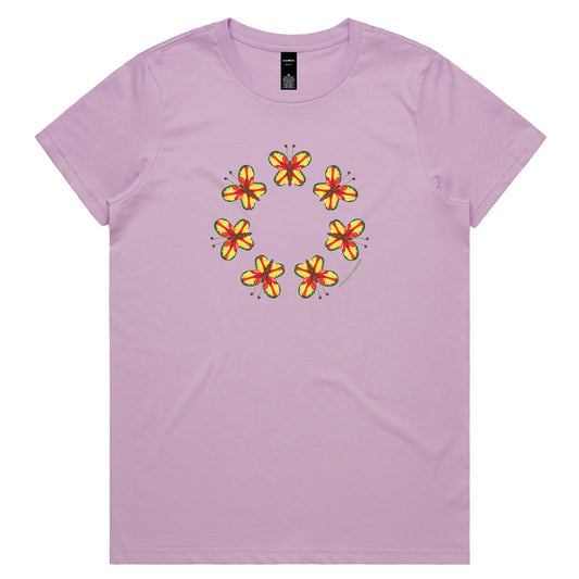 A pretty parrot butterflies woman's lavender tee shirt from Golly Gosh Creations. Crafted from colourful leaves. Sizes XS - 2XL. Quality cotton.