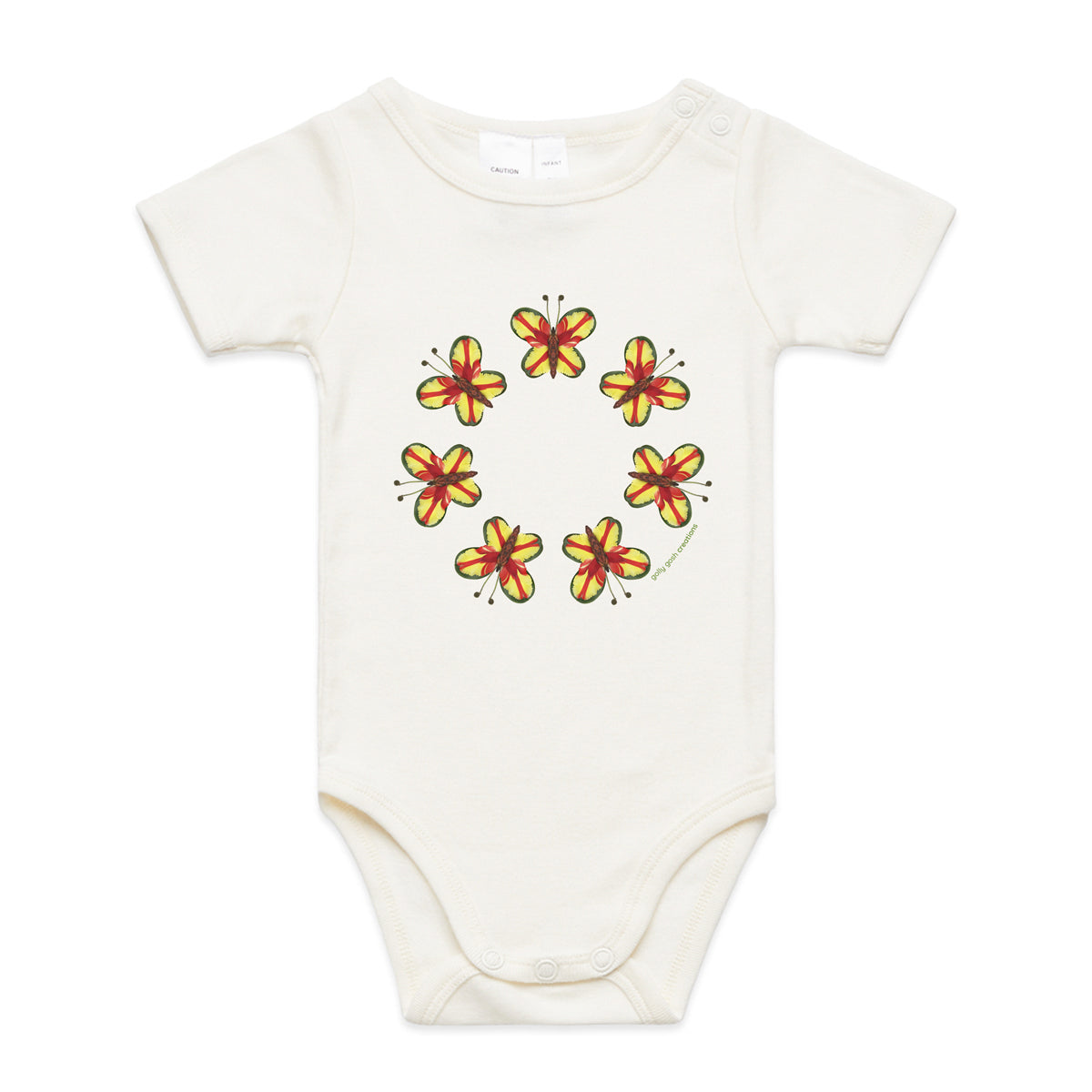 A cute pretty parrot butterlies babygrow by Golly Gosh Creations. A quality natural cotton garment available from 0 - 24 months. Created from colourful leaves.