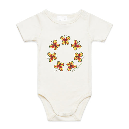 A cute pretty parrot butterlies babygrow by Golly Gosh Creations. A quality natural cotton garment available from 0 - 24 months. Created from colourful leaves.