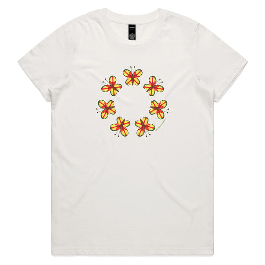 A pretty parrot butterflies woman's natural tee shirt from Golly Gosh Creations. Crafted from colourful leaves. Sizes XS - 2XL. Quality cotton.