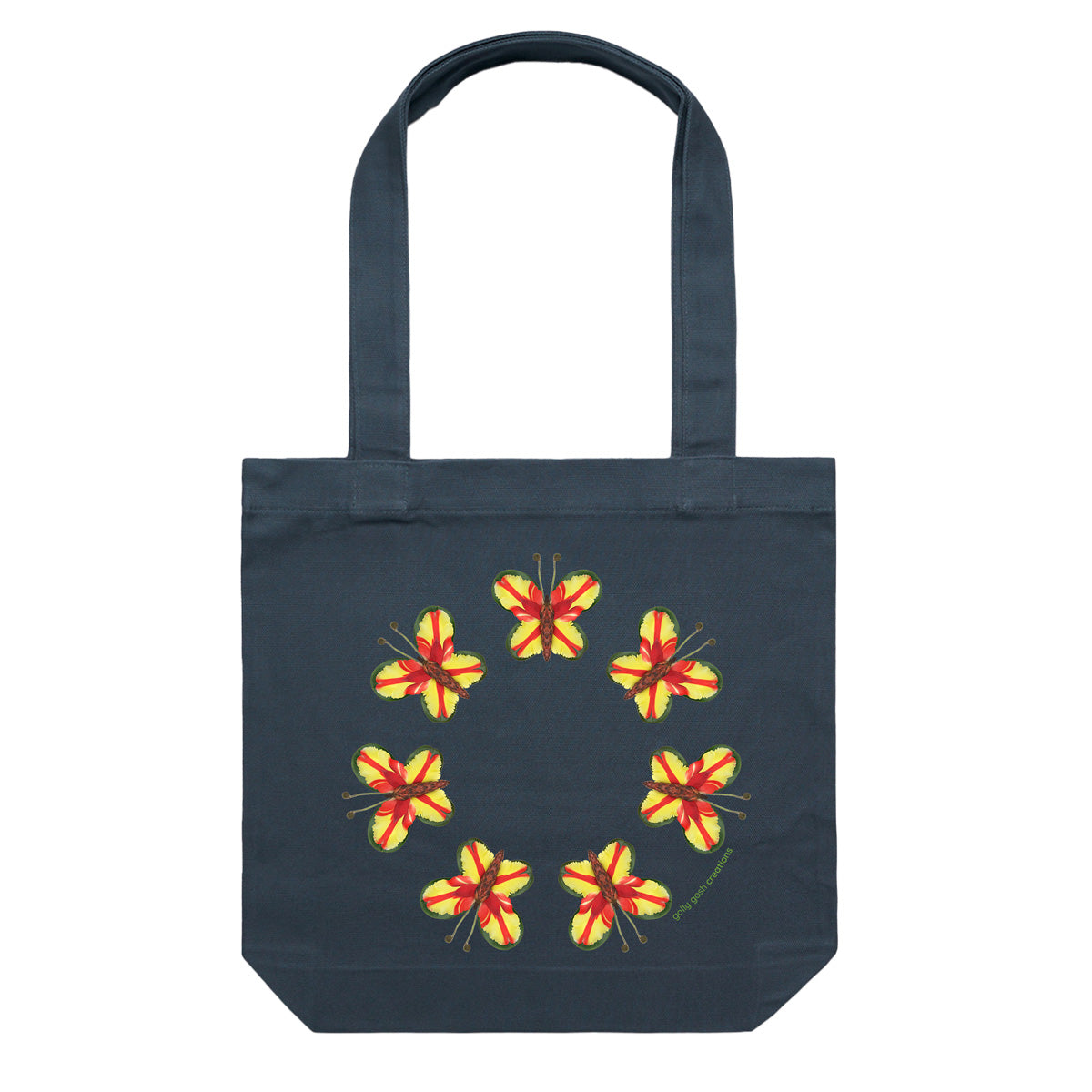 A pretty parrot butterflies cotton canvas tote bag from Golly Gosh Creations. Crafted from colourful leaves. Colour dark blue.