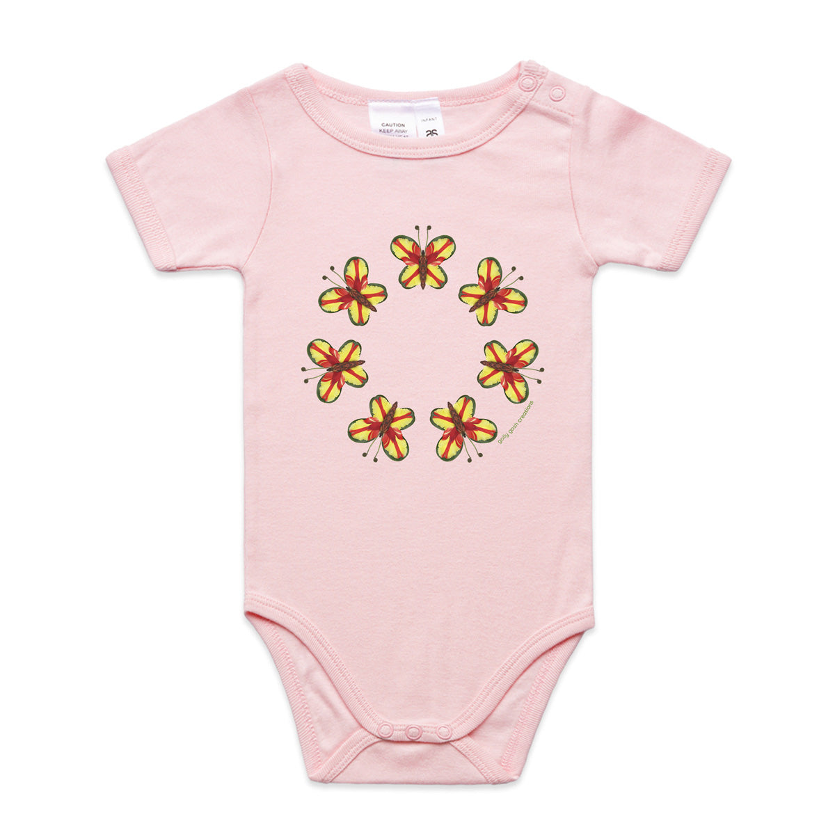 A cute pretty parrot butterlies babygrow by Golly Gosh Creations. A quality pink cotton garment available from 0 - 24 months. Created from colourful leaves.