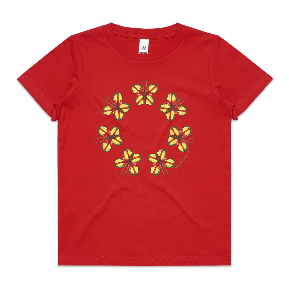 A parrot butterflies red kids tee shirt from Golly Gosh Creations. Size 2 - 16 years. Created from vibrant fresh leaves. A quality cotton garment.