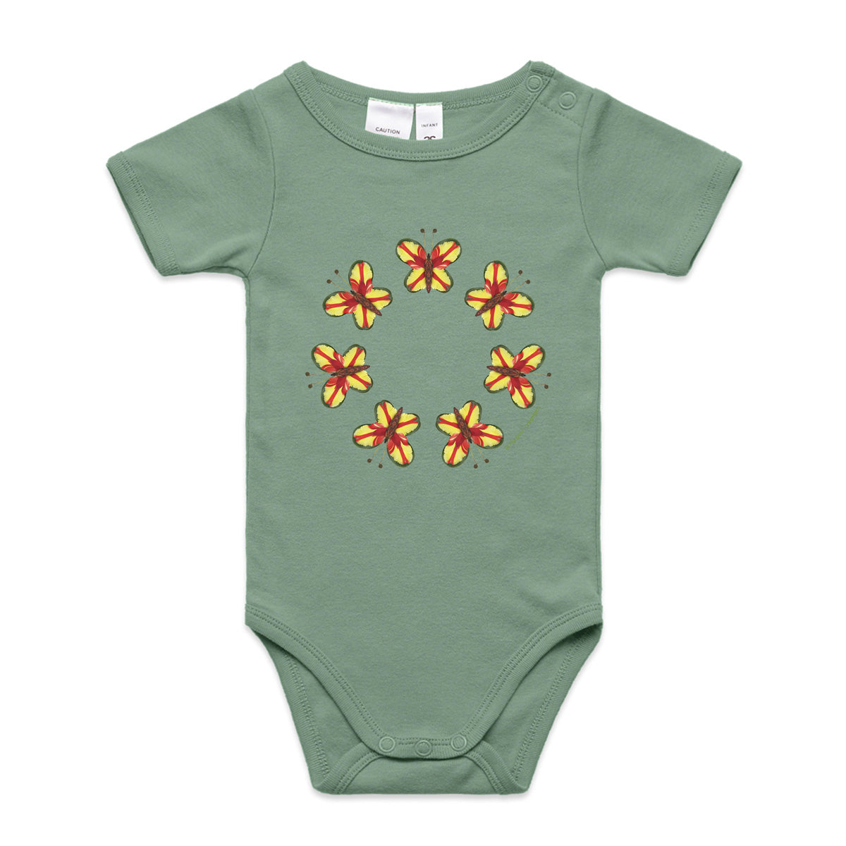 A cute pretty parrot butterlies babygrow by Golly Gosh Creations. A quality sage cotton garment available from 0 - 24 months. Created from colourful leaves.