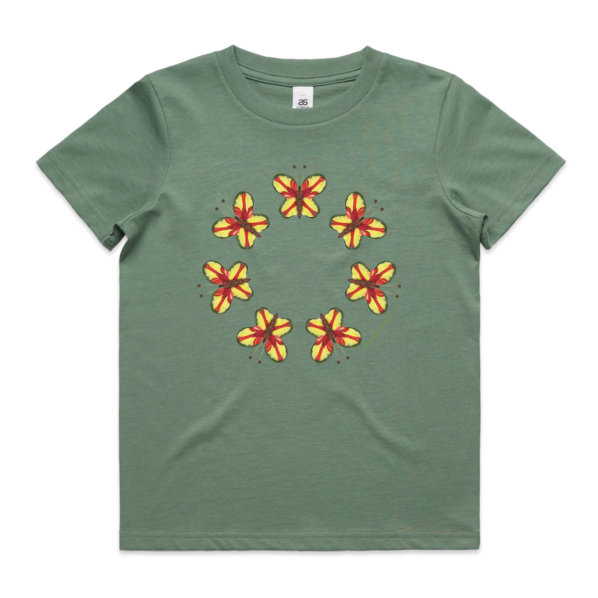 A parrot butterflies sage kids tee shirt from Golly Gosh Creations. Size 2 - 16 years. Created from vibrant fresh leaves. A quality cotton garment.