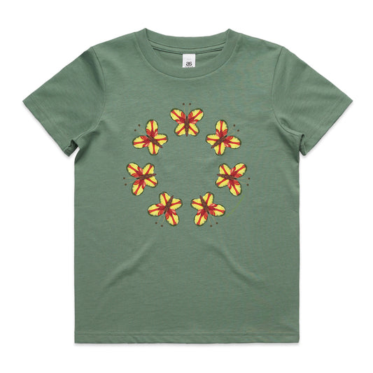 A parrot butterflies sage kids tee shirt from Golly Gosh Creations. Size 2 - 16 years. Created from vibrant fresh leaves. A quality cotton garment.