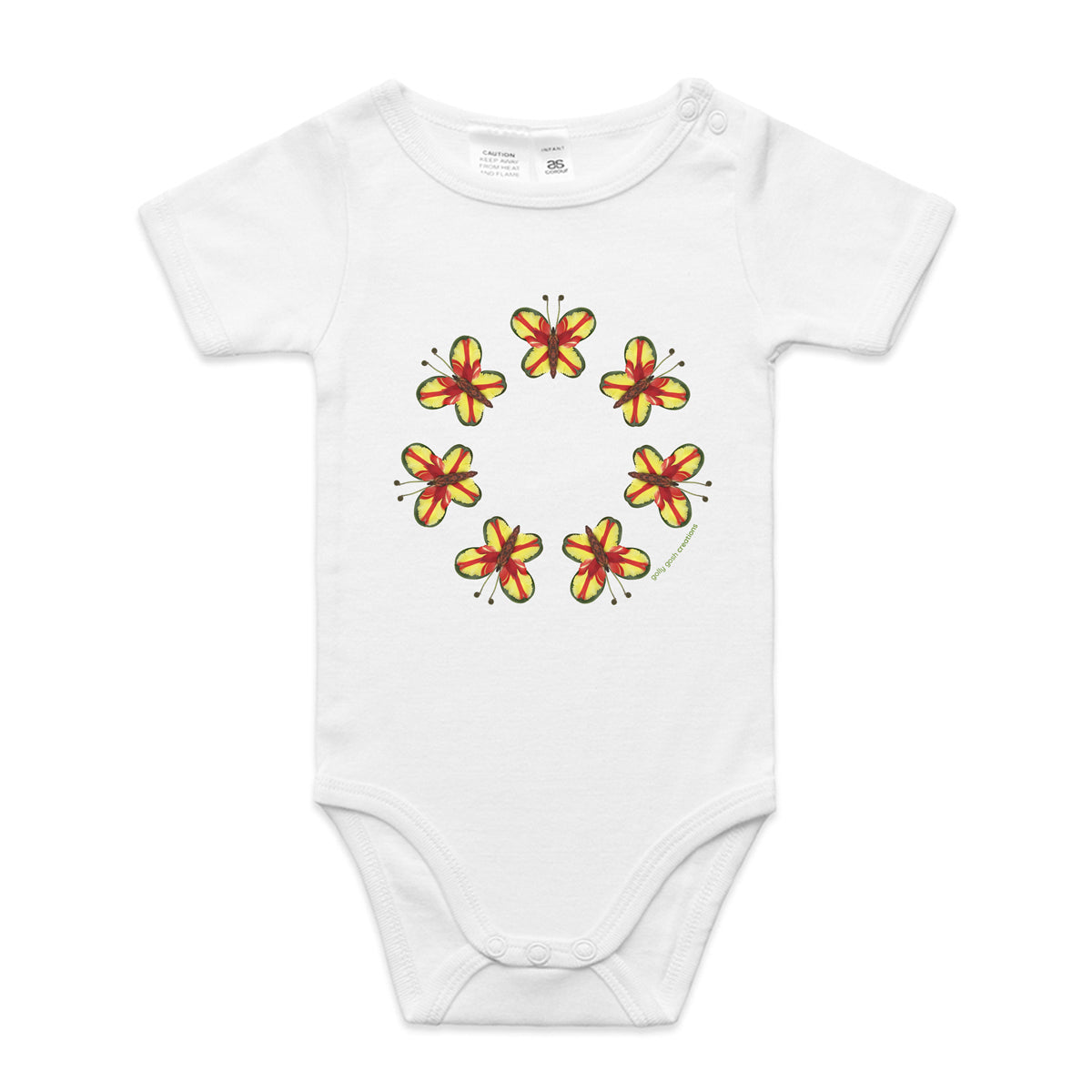 A cute pretty parrot butterlies babygrow by Golly Gosh Creations. A quality white cotton garment available from 0 - 24 months. Created from colourful leaves.