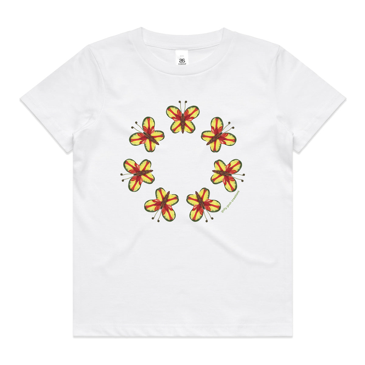 A parrot butterflies white kids tee shirt from Golly Gosh Creations. Size 2 - 16 years. Created from vibrant fresh leaves. A quality cotton garment.