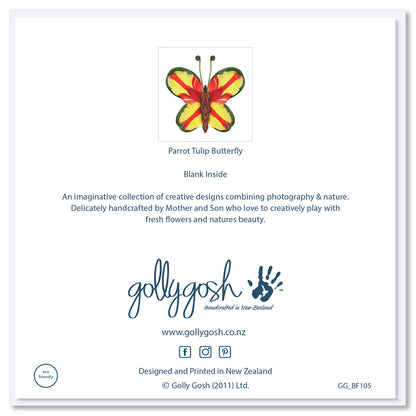 Back of Golly Gosh Parrot Tulip Butterfly greeting card displaying colorful floral butterfly design, blank inside note, description of handcrafted Mother and Son collection, branding, website and social details, and eco-friendly certification.