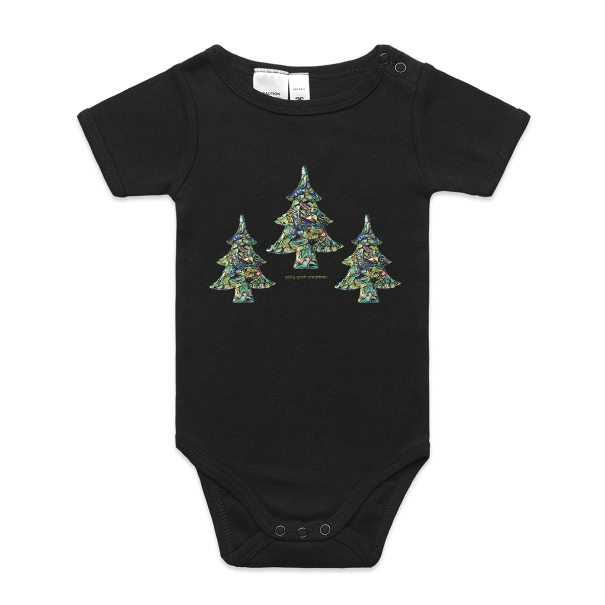 A paua christmas trees babygrow from Golly Gosh Creations.  This organic cotton garment comes in sizes 0 - 24 months. Colour sage. Crafted from sparkling paua shells.
