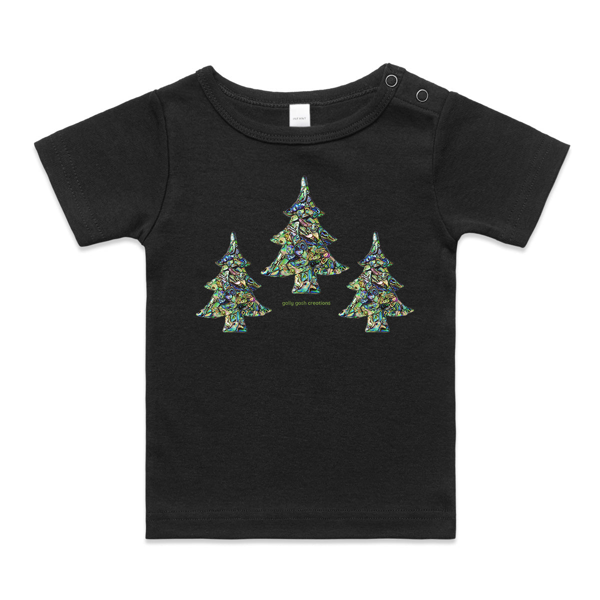 A paua christmas trees wee tee from Golly Gosh Creations. Crafted from sparkling paua shells. A quality black cotton garment available from 0 - 24 months.

