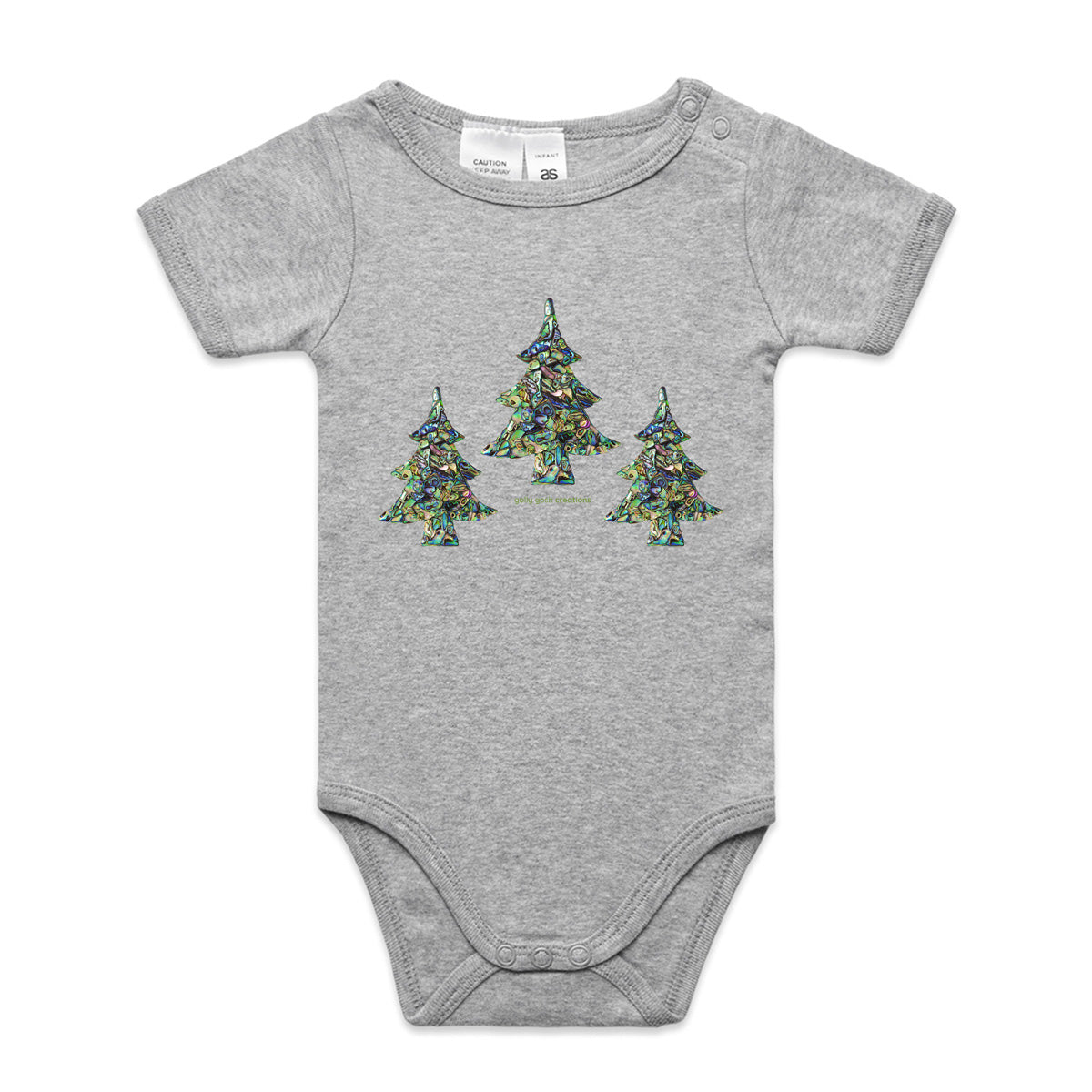 A paua christmas trees babygrow from Golly Gosh Creations.  This organic cotton garment comes in sizes 0 - 24 months. Colour grey. Crafted from sparkling paua shells.