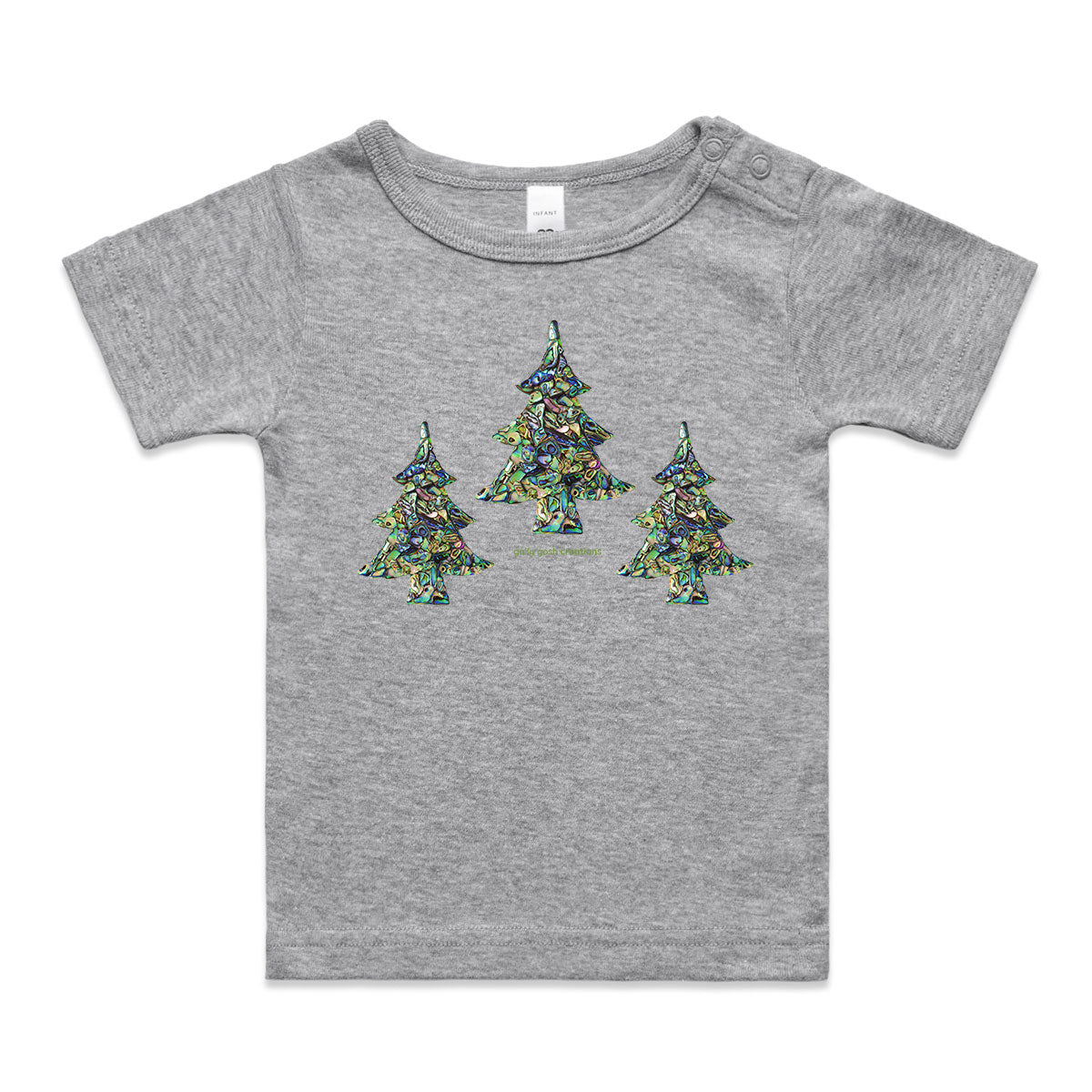 A paua christmas trees wee tee from Golly Gosh Creations. Crafted from sparkling paua shells. A quality grey cotton garment available from 0 - 24 months.