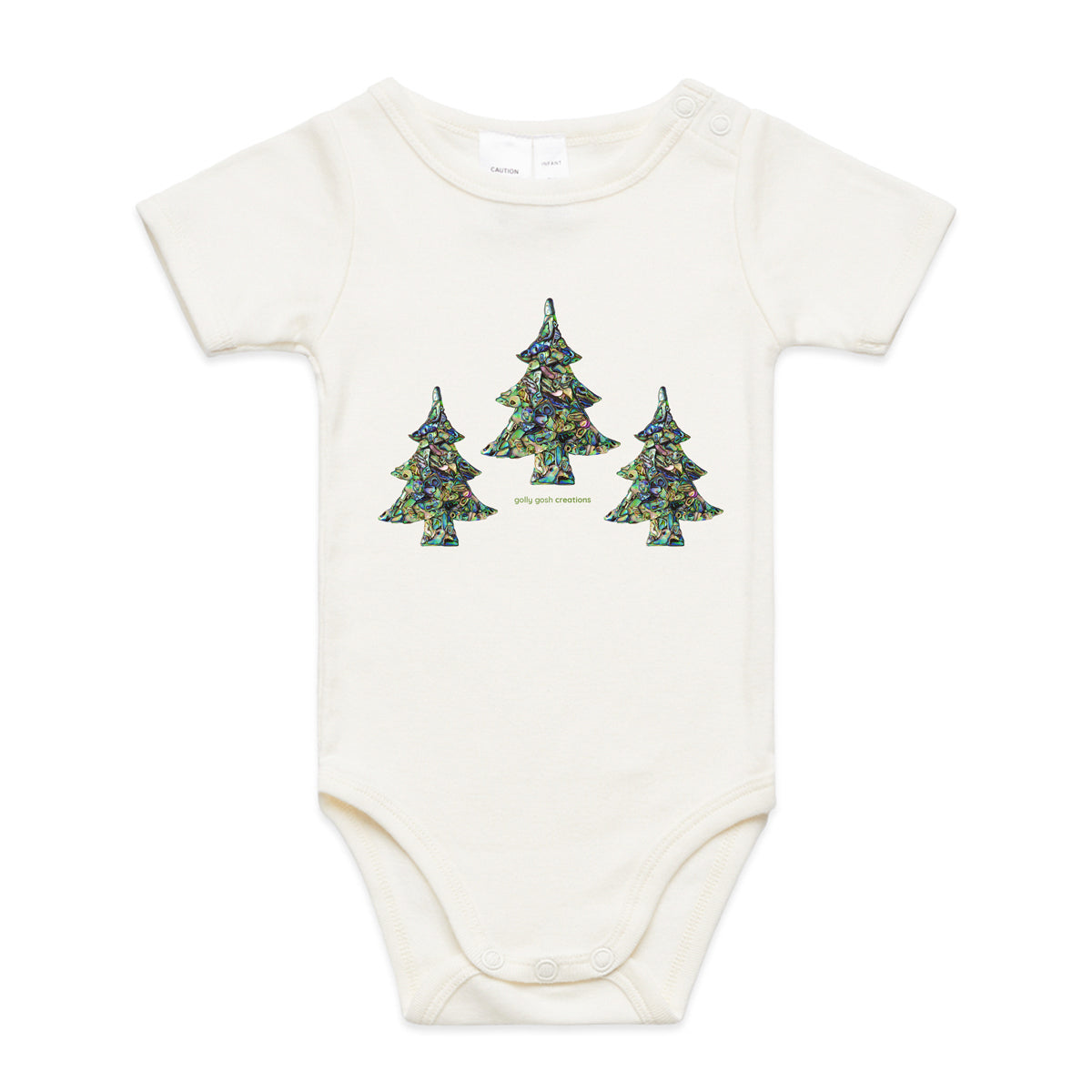 A paua christmas trees babygrow from Golly Gosh Creations.  This organic cotton garment comes in sizes 0 - 24 months. Colour natural. Crafted from sparkling paua shells.