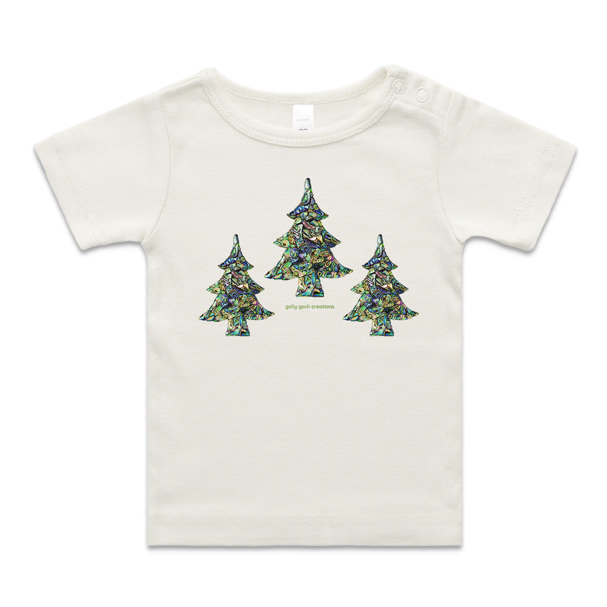 A paua christmas trees wee tee from Golly Gosh Creations. Crafted from sparkling paua shells. A quality natural cotton garment available from 0 - 24 months.