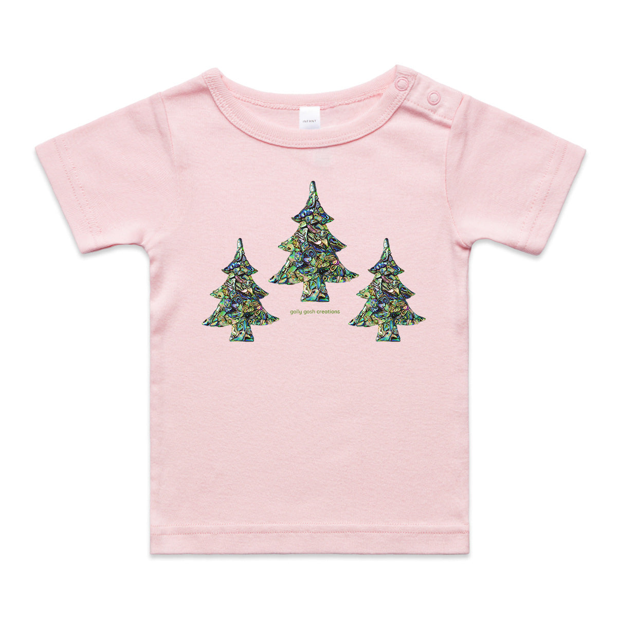 A paua christmas trees wee tee from Golly Gosh Creations. Crafted from sparkling paua shells. A quality pink cotton garment available from 0 - 24 months.