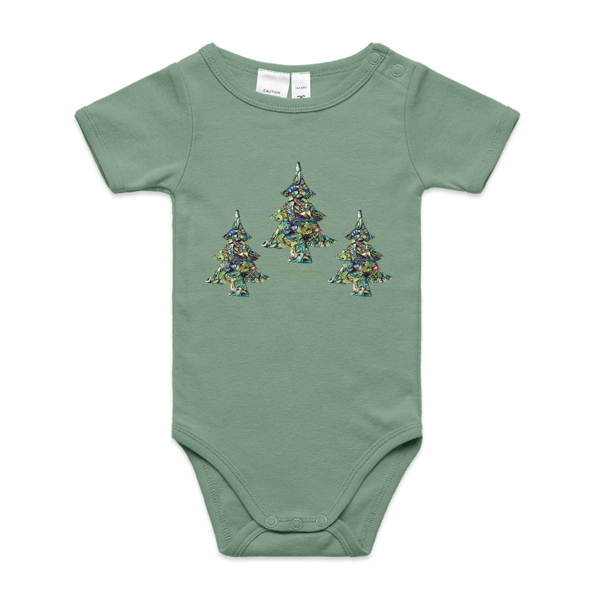 A paua christmas trees babygrow from Golly Gosh Creations.  This organic cotton garment comes in sizes 0 - 24 months. Colour sage. Crafted from sparkling paua shells.