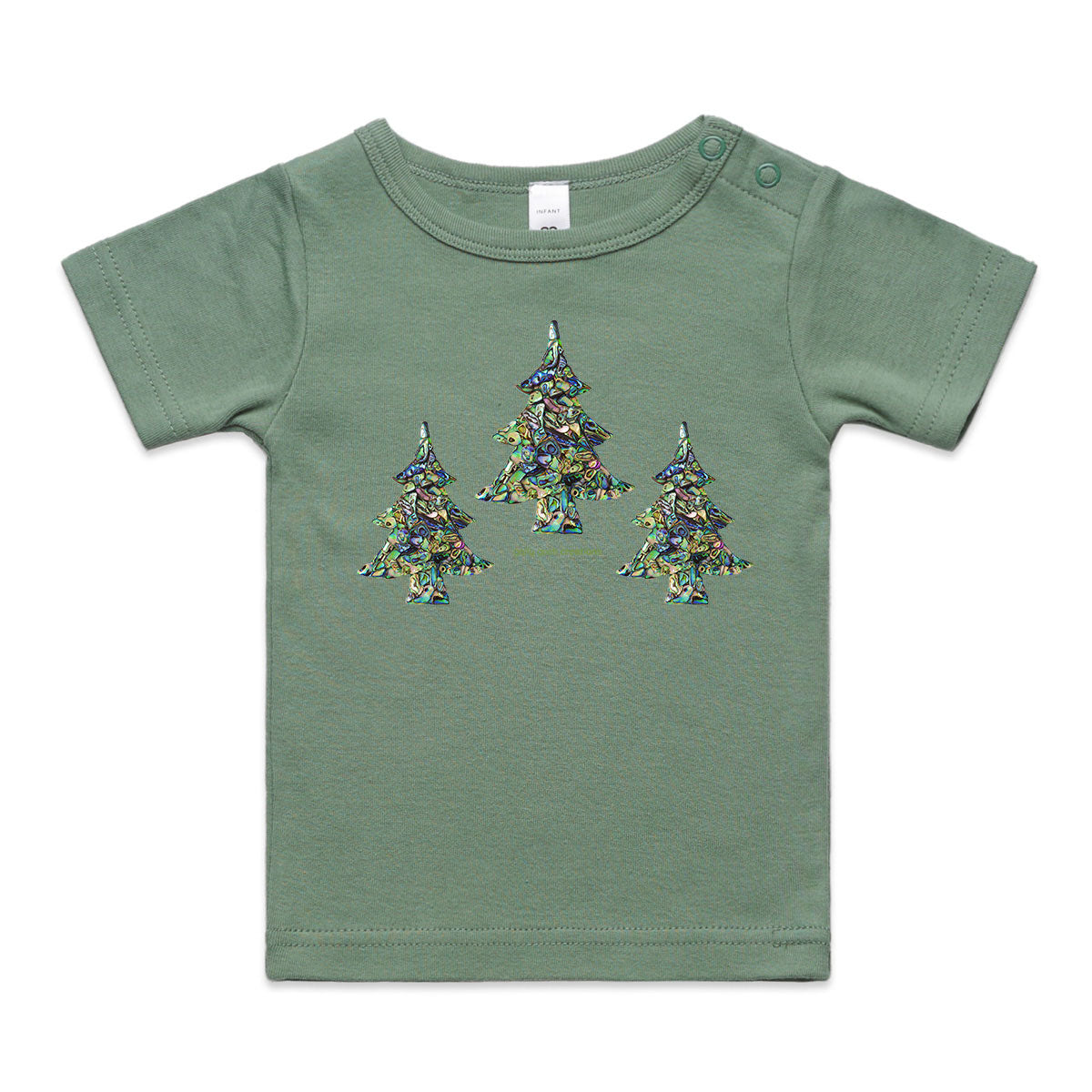 A paua christmas trees wee tee from Golly Gosh Creations. Crafted from sparkling paua shells. A quality sage cotton garment available from 0 - 24 months.