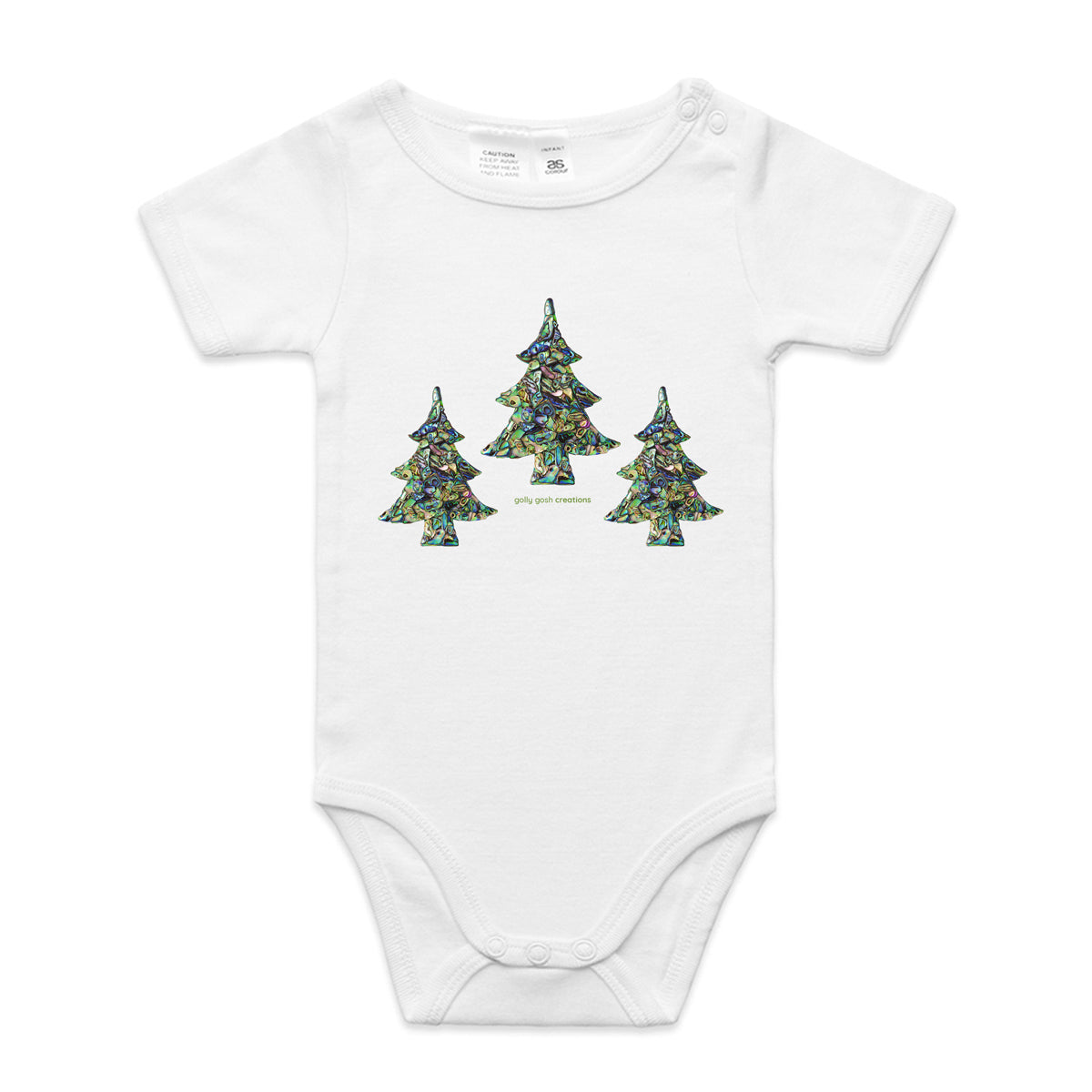 A paua christmas trees babygrow from Golly Gosh Creations.  This organic cotton garment comes in sizes 0 - 24 months. Colour white. Crafted from sparkling paua shells.