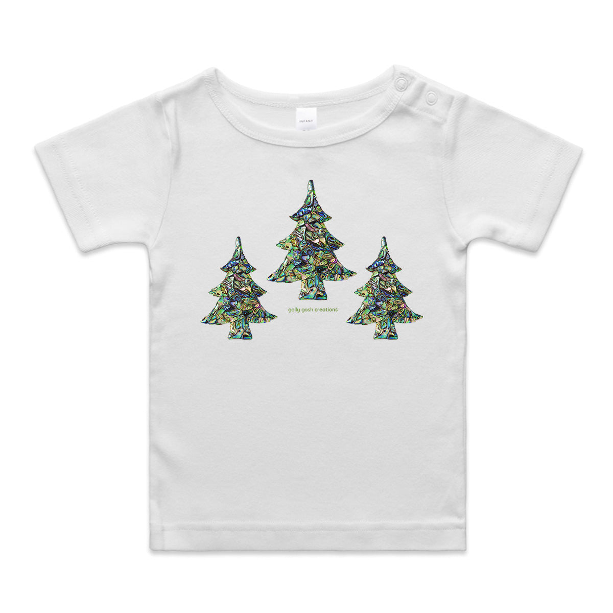 A paua christmas trees wee tee from Golly Gosh Creations. Crafted from sparkling paua shells. A quality white cotton garment available from 0 - 24 months.