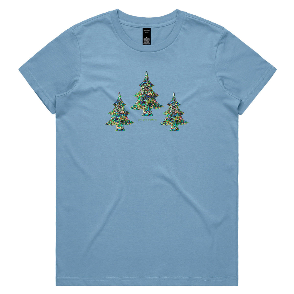 A paua Christmas trees soft blue woman's tee shirt from Golly Gosh Creations. Sizes XS - 2XL. A fun creation crafted from sparkling paua shells. Quality cotton.
