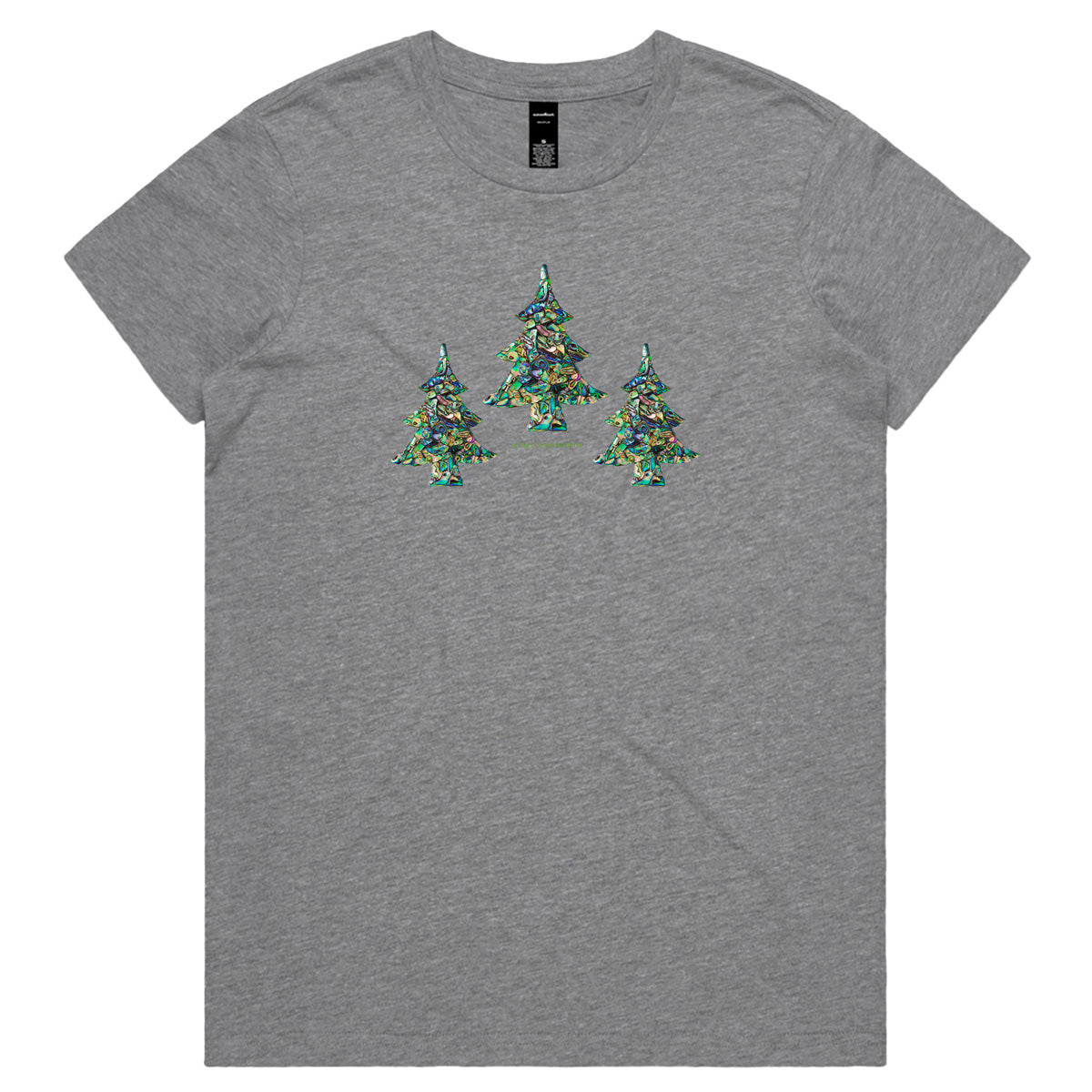 A paua Christmas trees grey woman's tee shirt from Golly Gosh Creations. Sizes XS - 2XL. A fun creation crafted from sparkling paua shells. Quality cotton.