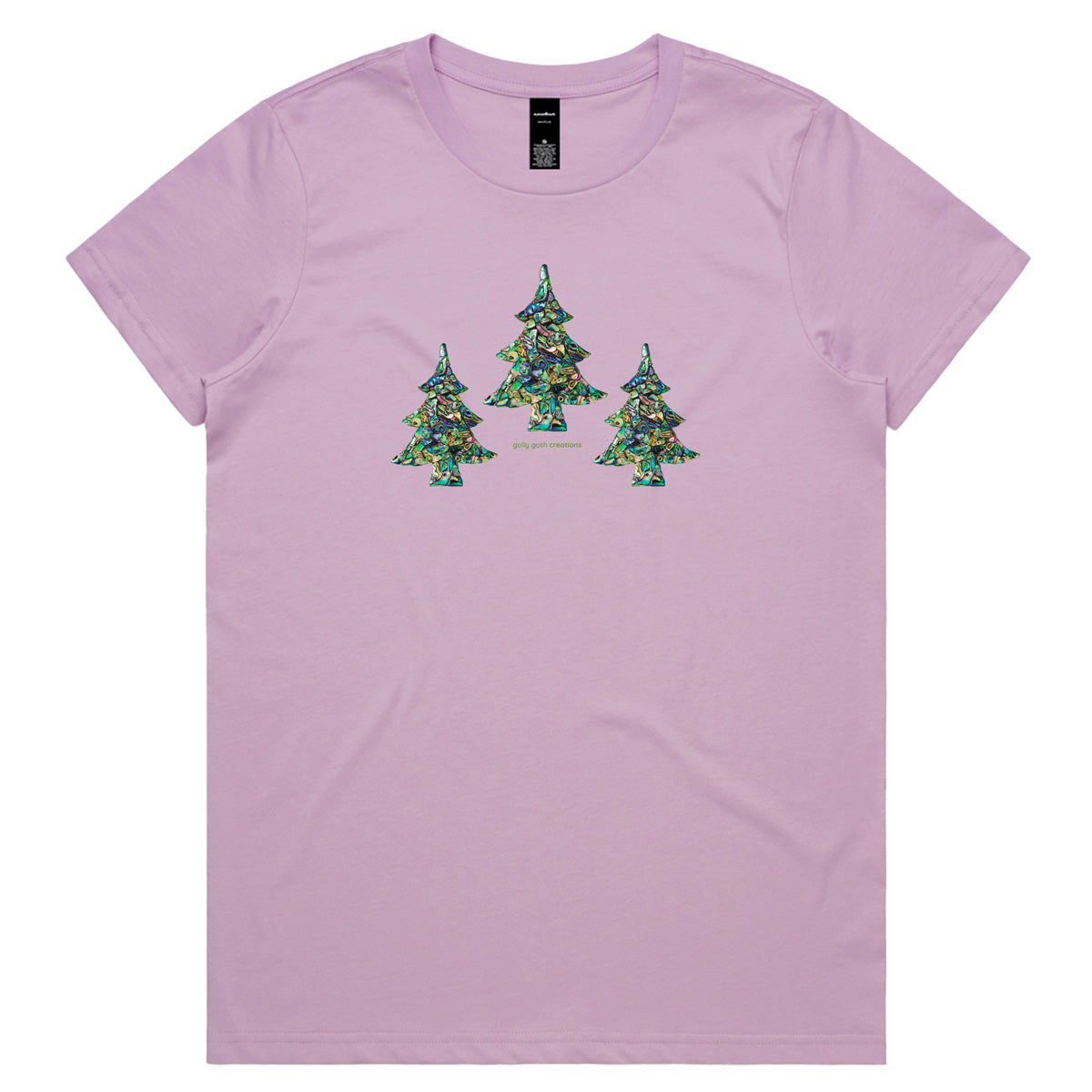 A paua Christmas trees lavender woman's tee shirt from Golly Gosh Creations. Sizes XS - 2XL. A fun creation crafted from sparkling paua shells. Quality cotton.