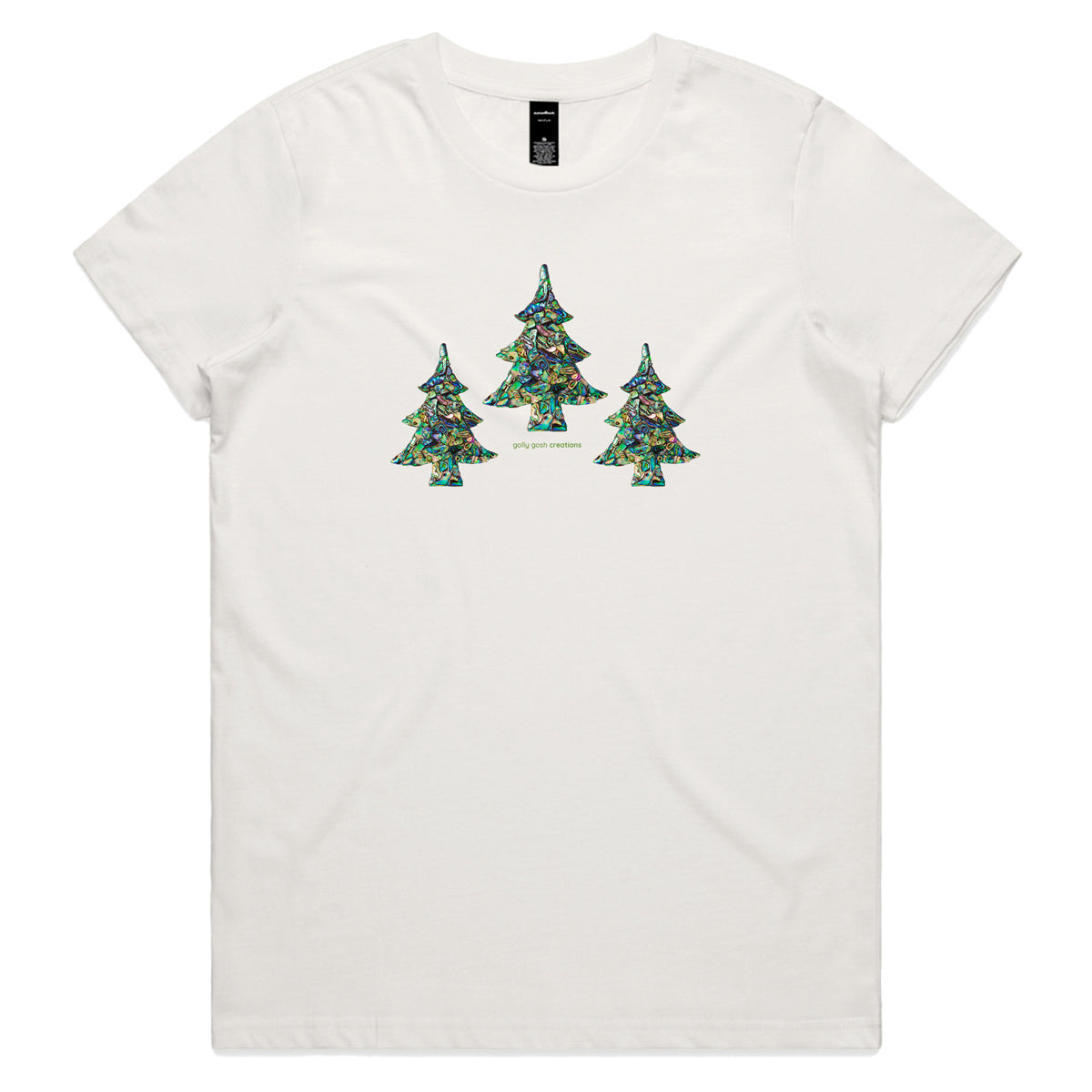 A paua Christmas trees natural woman's tee shirt from Golly Gosh Creations. Sizes XS - 2XL. A fun creation crafted from sparkling paua shells. Quality cotton.