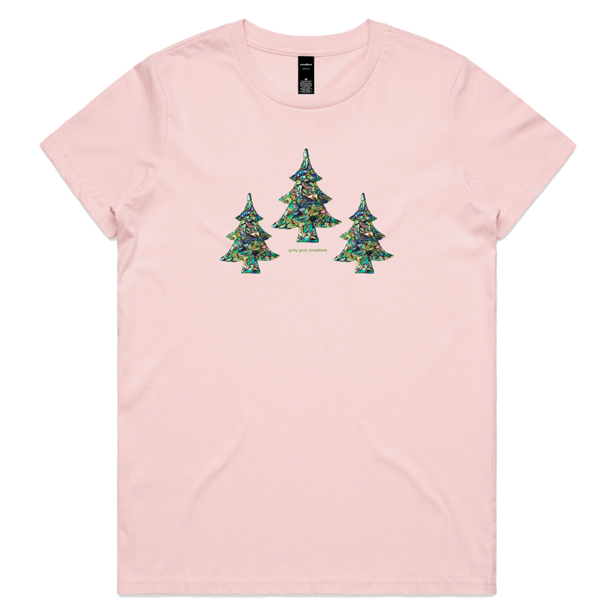 A paua Christmas trees soft pink woman's tee shirt from Golly Gosh Creations. Sizes XS - 2XL. A fun creation crafted from sparkling paua shells. Quality cotton.