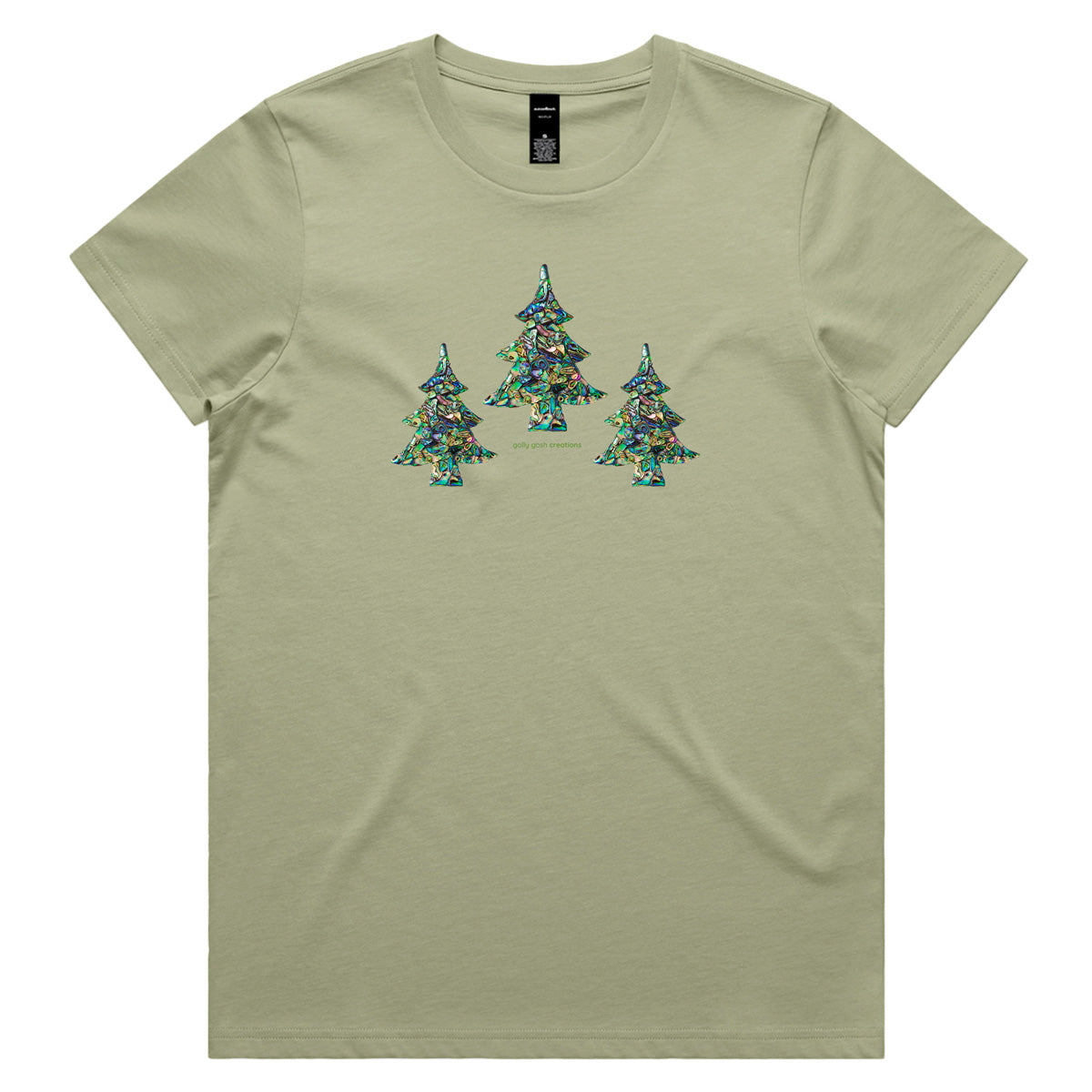 A paua Christmas trees pistachio woman's tee shirt from Golly Gosh Creations. Sizes XS - 2XL. A fun creation crafted from sparkling paua shells. Quality cotton.