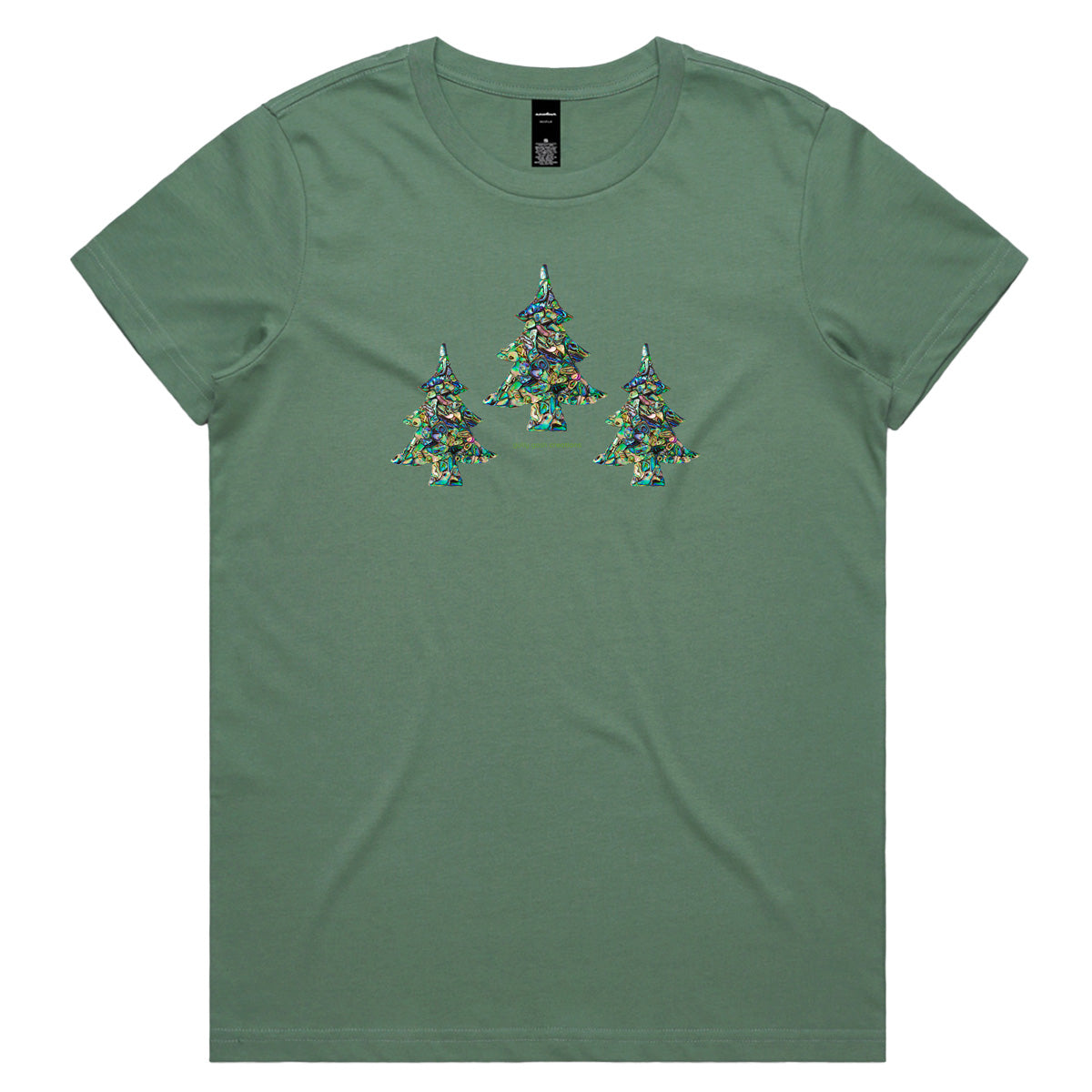 A paua Christmas trees sage woman's tee shirt from Golly Gosh Creations. Sizes XS - 2XL. A fun creation crafted from sparkling paua shells. Quality cotton.